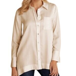 SOFT SURROUNDINGS Women's Med Lorimer Tencel Striped Button Front Tunic Top Tan